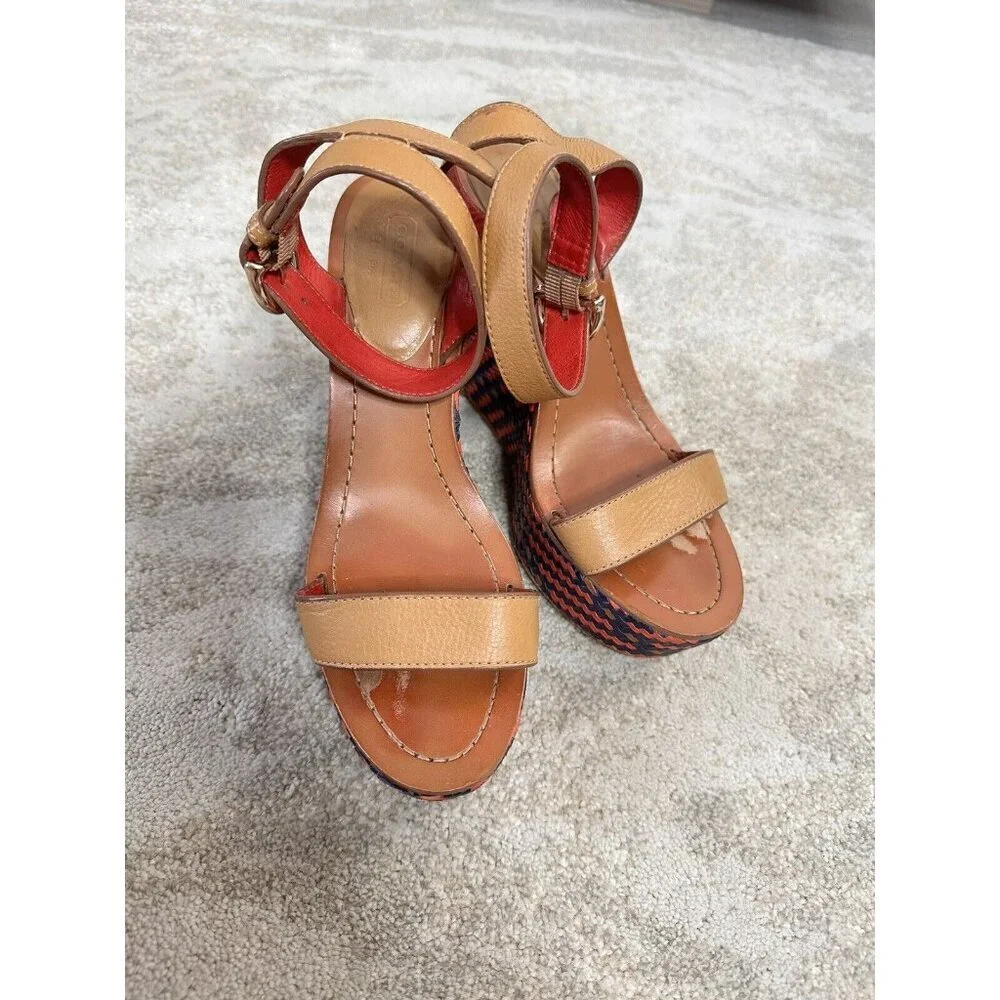 Coach‎ Gemma Women's Wedge Woven Leather Ankle Strap Sandals Size 7.5B -Tan